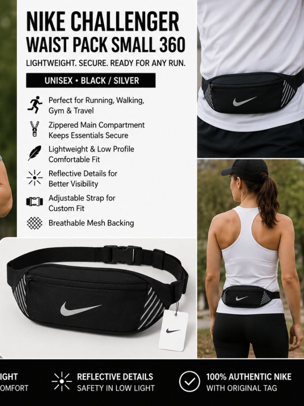 🏃 Nike Challenger Waist Pack Small 360 – Black/Reflective – Unisex